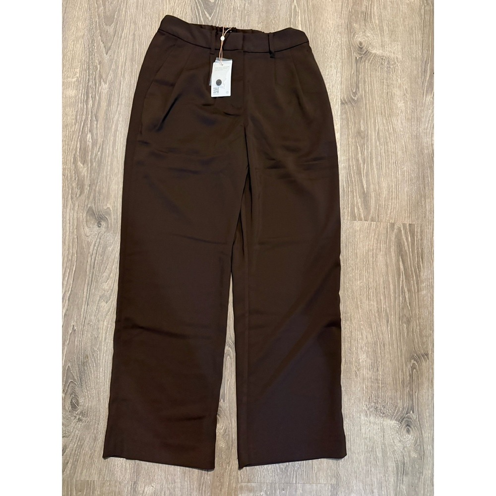 Quince Women Stretch Crepe Pleated Wide Leg Pants Brown 8 New Career